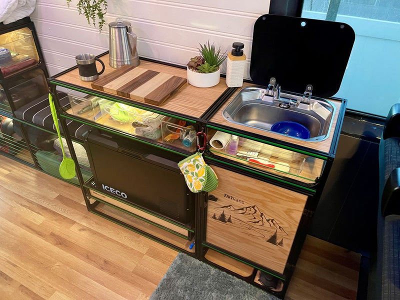 camper van DIY kitchen sink and water tanks