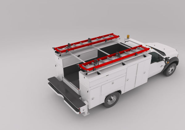 white work truck with red ladders on ladder rack