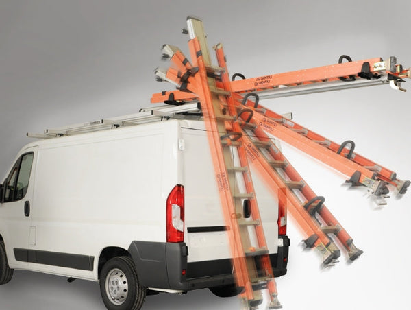 hydraulic drop down ladder rack on cargo van roof