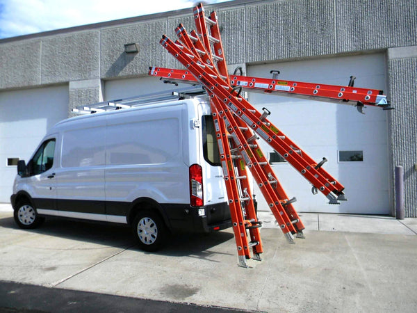 white commercial ford transit van with orange ladder on rear loading drop down ladder rack