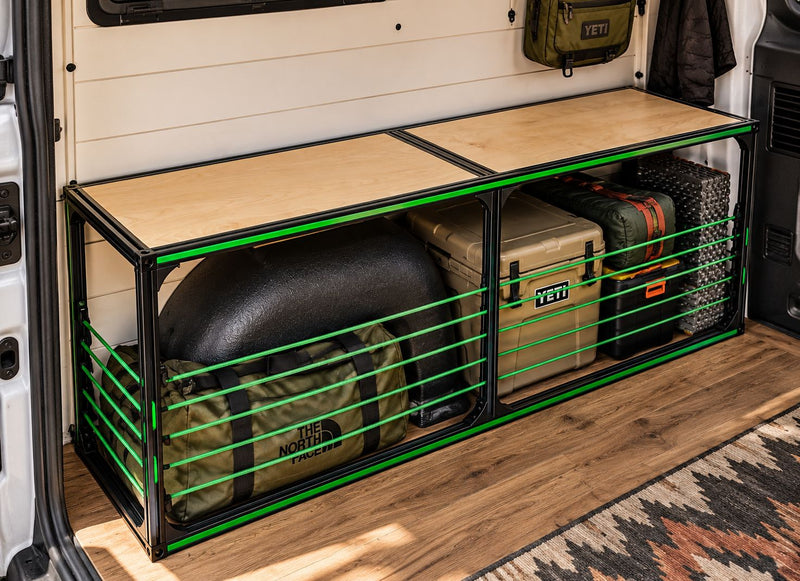wheel well bench storage for camper van conversion DIY