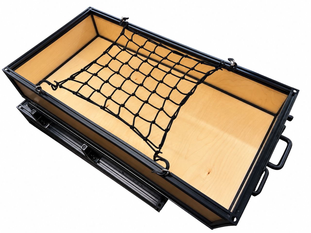 Adjustable cargo net securing equipment above a TNT Auto Drawer
