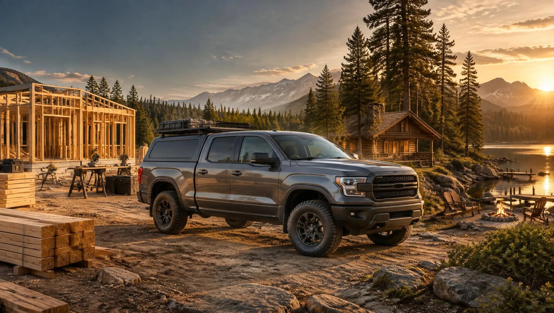 Pickup truck between a construction site and a lakeside cabin campsite